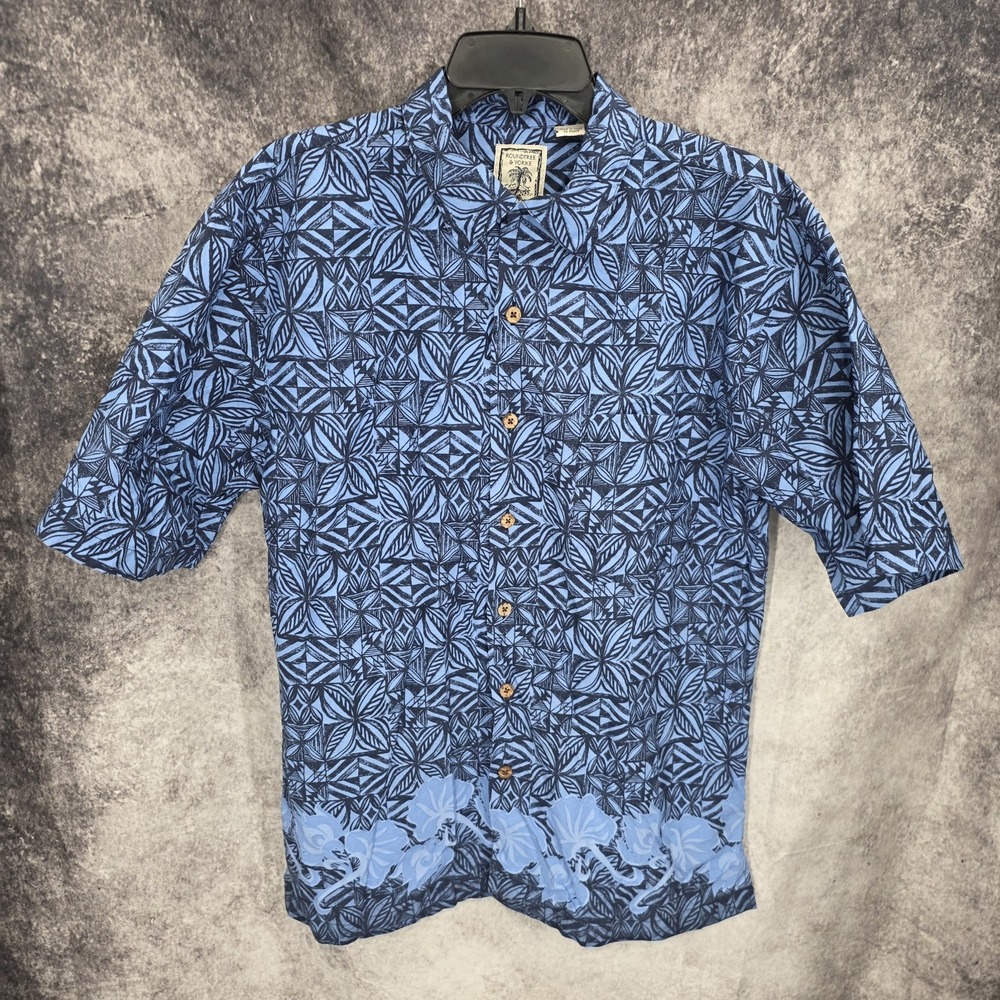 Roundtree Yorke Hawaiian Shirt Men Medium Blue Button Up Aloha Tropical Vacation